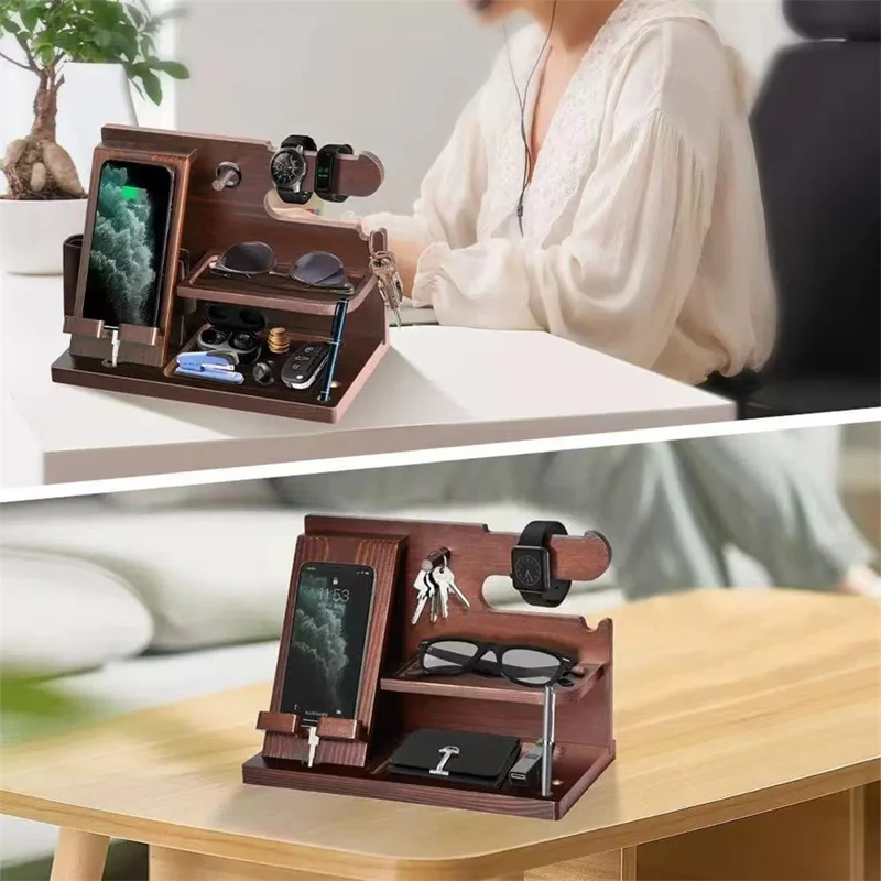 00659 Solid Wooden Phone Stand Multi-Functional Bedside Organizer for iPhone 16 / 16 Plus / 16 Pro / 16 Pro Max