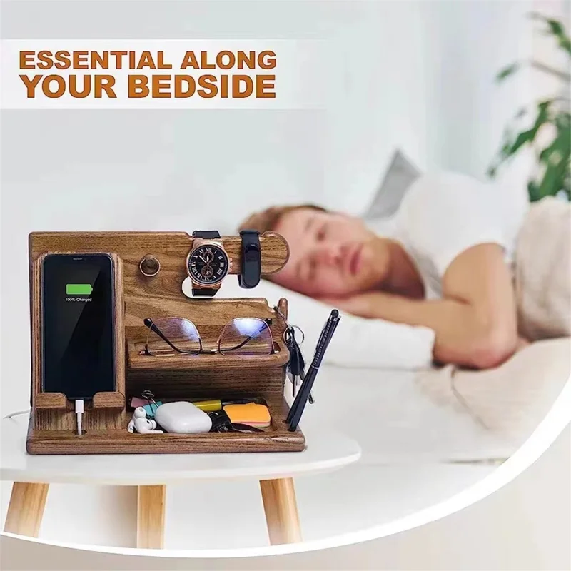 00659 Solid Wooden Phone Stand Multi-Functional Bedside Organizer for iPhone 16 / 16 Plus / 16 Pro / 16 Pro Max