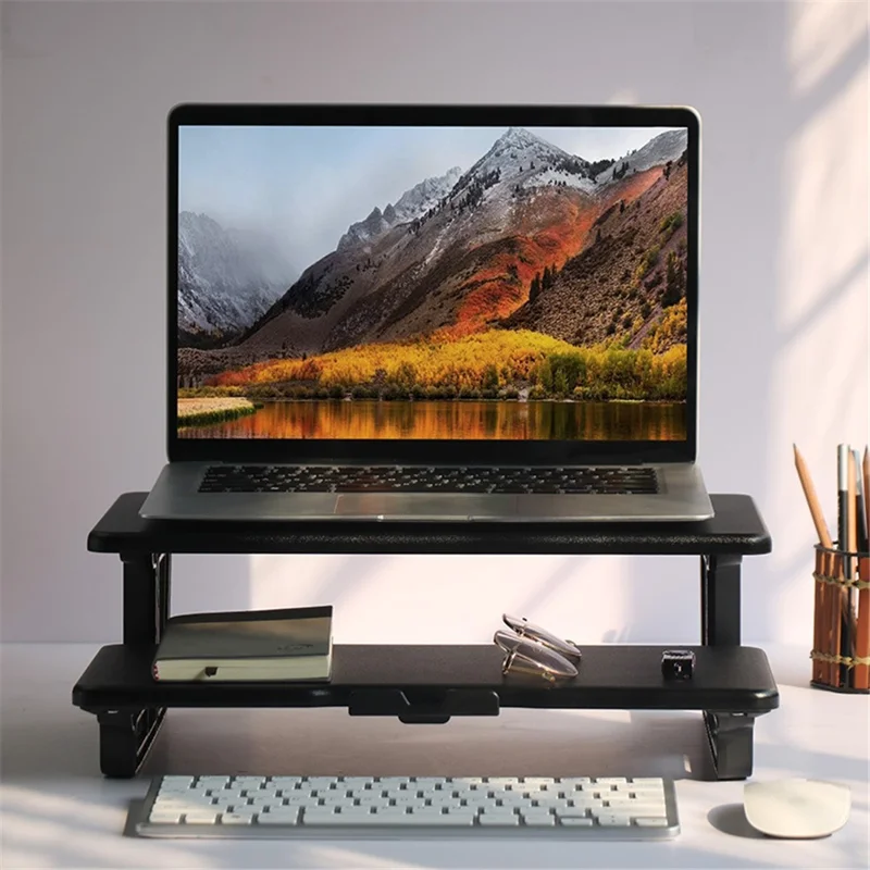 SP 2 Layer Wooden Computer Monitor Laptop Heighten Stand Desktop Storage Rack - Dark Wood Grain