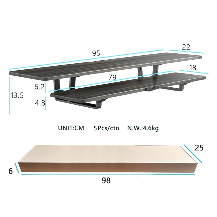 Sp95 2 Camadas Prolongamento Monitor de Madeira Laptop Aumentar Stand Stand Desktop Storage Rack - Grão de Madeira Escura