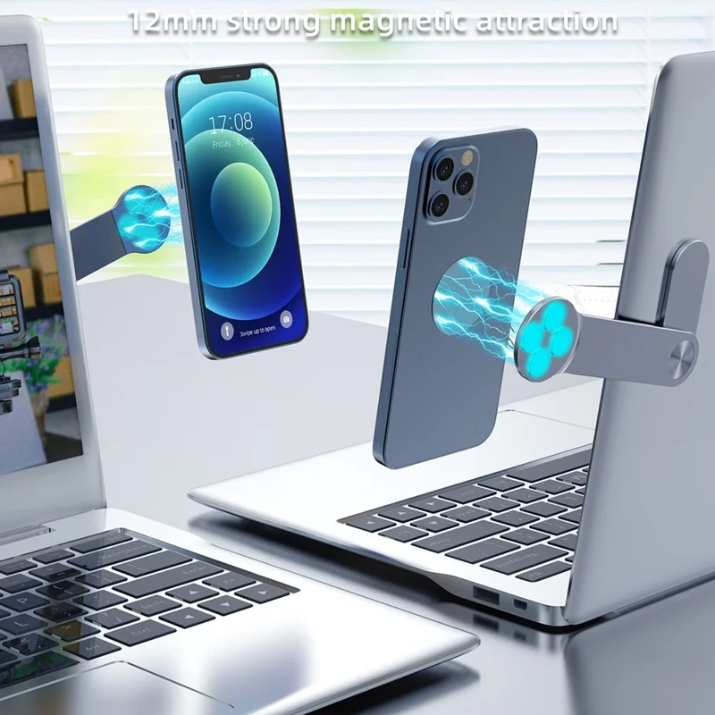 T617 Laptop Side Mount Phone Holder Aluminium Alloy Magnetic Phone Stand Computer Expansion Bracket - Silver