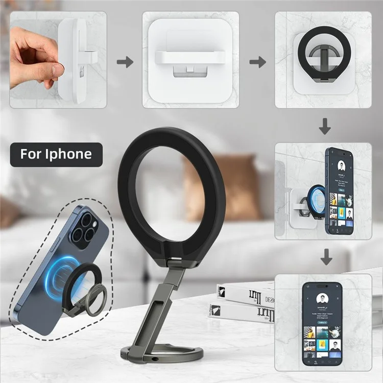T6 Zinc Alloy Double-Sided Magnetic Desktop Phone Holder Free Rotation Foldable Stand for iPhone 16 / 16 Plus / 16 Pro / 16 Pro Max