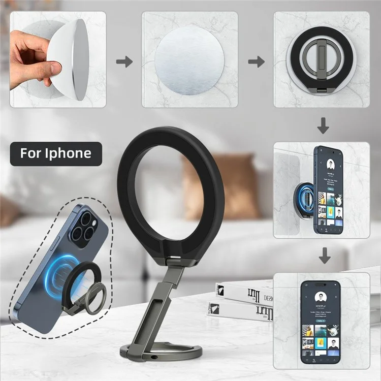 T6 Zinc Alloy Double-Sided Magnetic Desktop Phone Holder Free Rotation Foldable Stand for iPhone 16 / 16 Plus / 16 Pro / 16 Pro Max