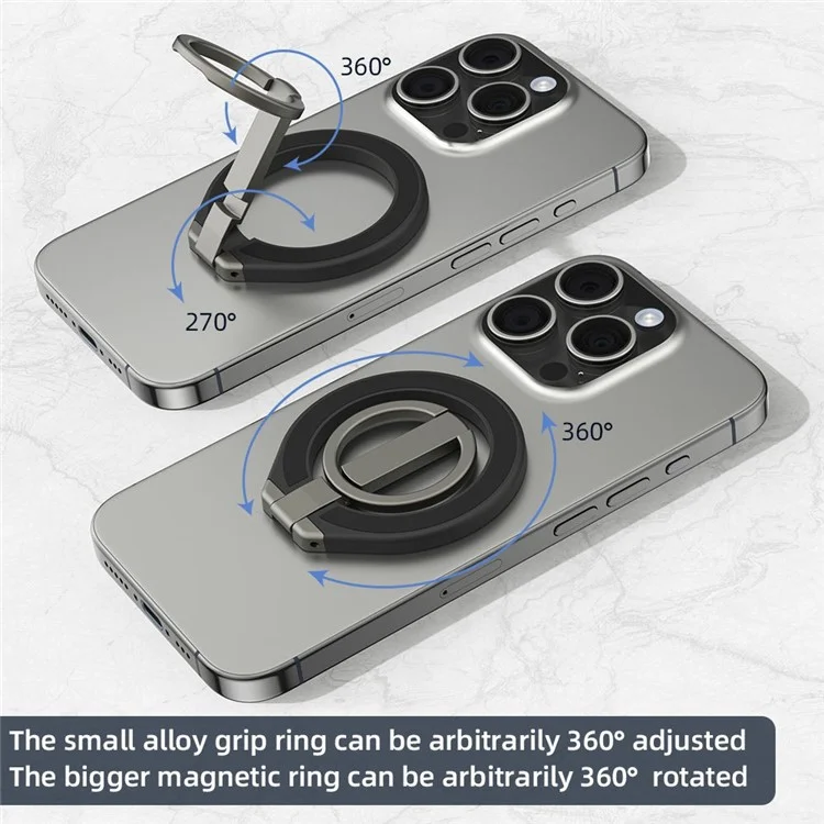 T6 Zinc Alloy Double-Sided Magnetic Desktop Phone Holder Free Rotation Foldable Stand for iPhone 16 / 16 Plus / 16 Pro / 16 Pro Max