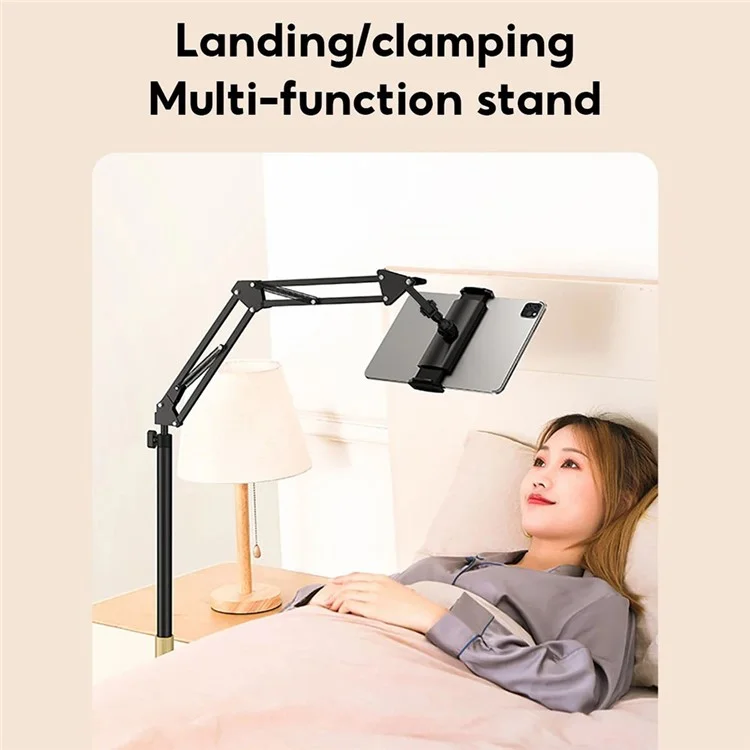 Soporte de piso para tableta JOPREE L10PRO de 1,6 m con clip de escritorio telescópico para dispositivos de 4 a 13 pulgadas, iPhone 16/16 Plus/16 Pro/16 Pro Max - Negro