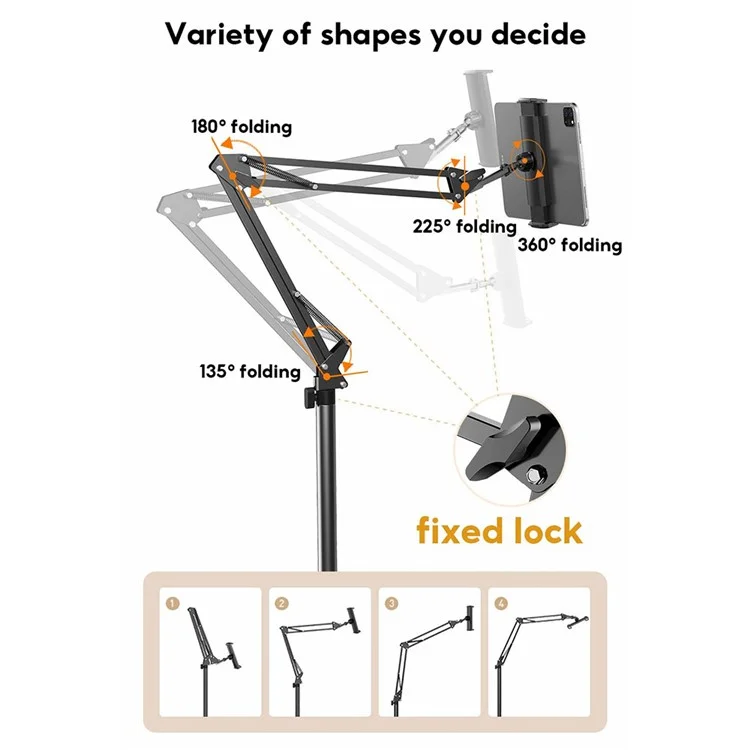 Soporte de piso para tableta JOPREE L10PRO de 1,6 m con clip de escritorio telescópico para dispositivos de 4 a 13 pulgadas, iPhone 16/16 Plus/16 Pro/16 Pro Max - Negro