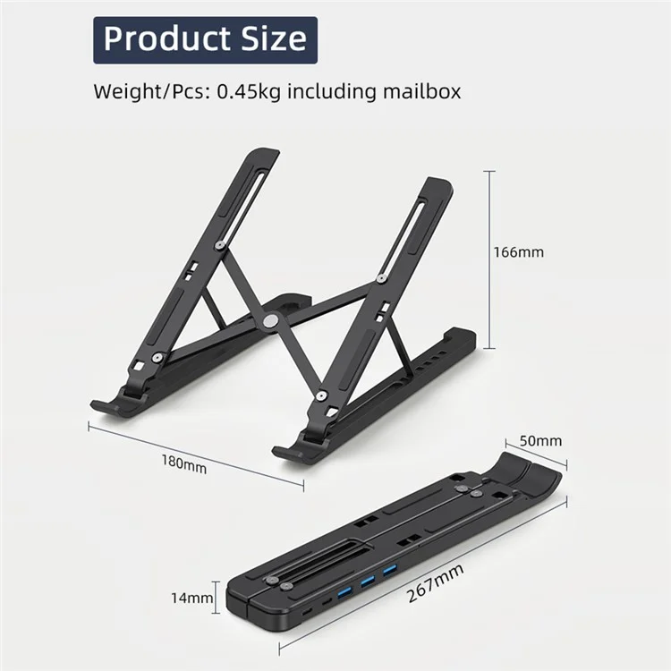 X5U Aluminum Alloy Laptop Stand Riser USB Hub with 3xUSB+2xType-C Ports, 6 Height Levels