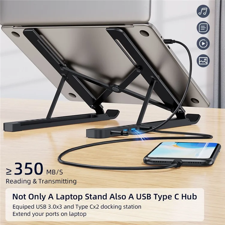 X5U Aluminum Alloy Laptop Stand Riser USB Hub with 3xUSB+2xType-C Ports, 6 Height Levels