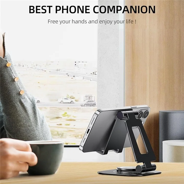AS007-XS Cell Phone Stand Aluminum Alloy+Silicone Adjustable Angle Height Desk Dock Holder for 4.7-7 inch Devices - Black