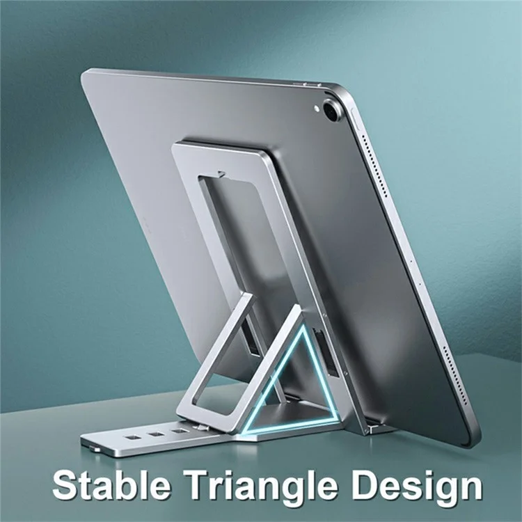 H12 Foldable Aluminum Alloy Phone Tablet Holder Stand for iPhone 16 / 16 Plus / 16 Pro / 16 Pro Max Desktop Adjustable Cellphone Bracket - Silver