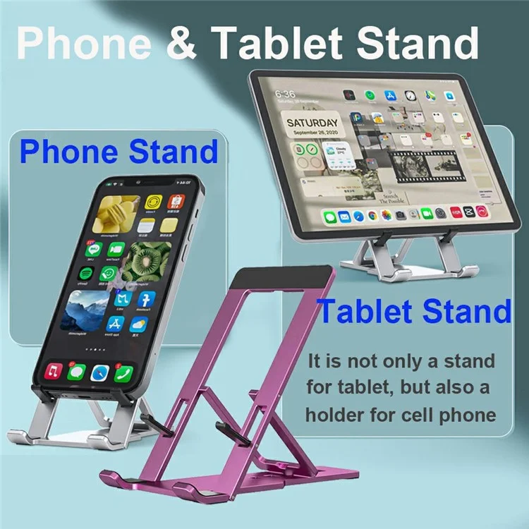 H12 Foldable Aluminum Alloy Phone Tablet Holder Stand for iPhone 16 / 16 Plus / 16 Pro / 16 Pro Max Desktop Adjustable Cellphone Bracket - Silver