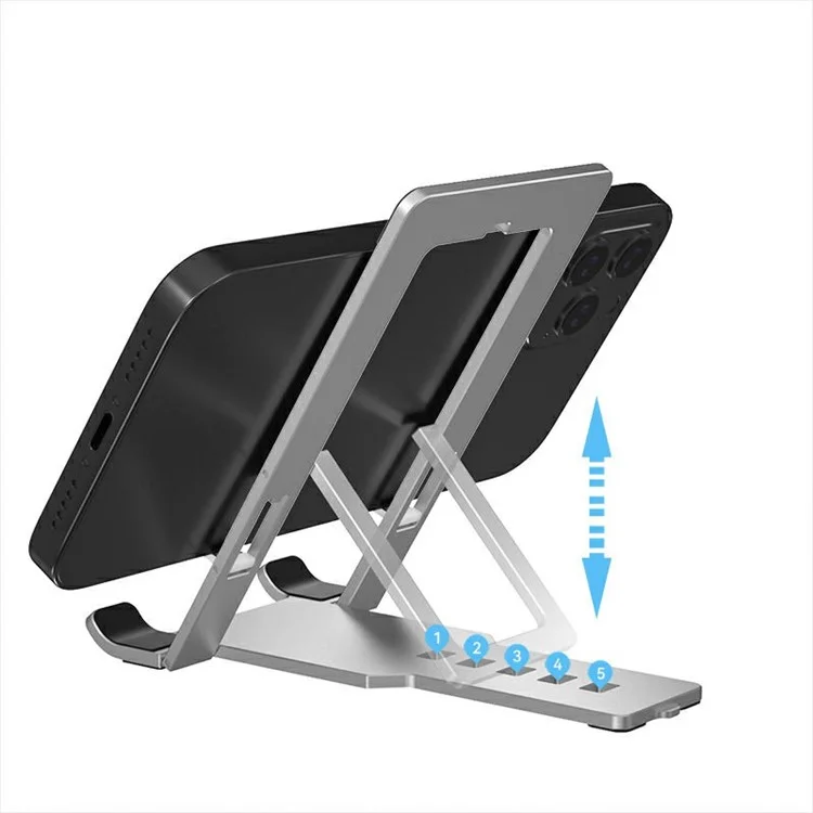 H12 Foldable Aluminum Alloy Phone Tablet Holder Stand for iPhone 16 / 16 Plus / 16 Pro / 16 Pro Max Desktop Adjustable Cellphone Bracket - Silver