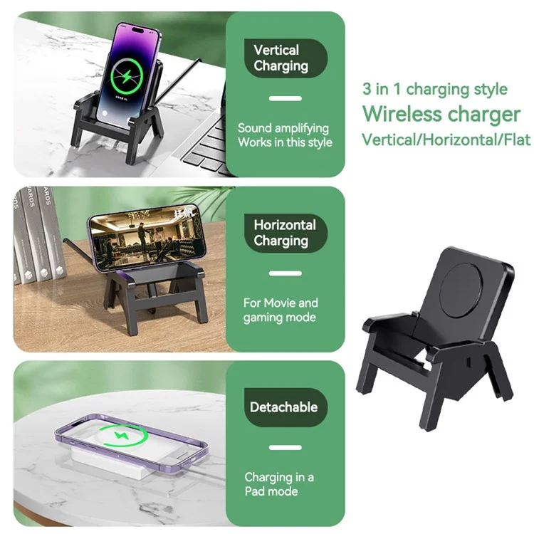 Chargeur sans fil détachable 15W Amplificateur de son Pied pour chaise (Certifié CE) - Noir