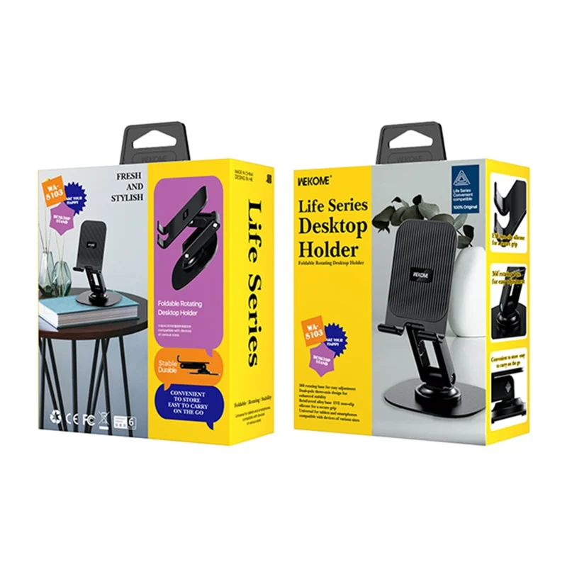 WEKOME Life Series WA-SL03 Foldable Phone Stand ABS+Silicone Rotatable Desktop Cradle Dock - Black