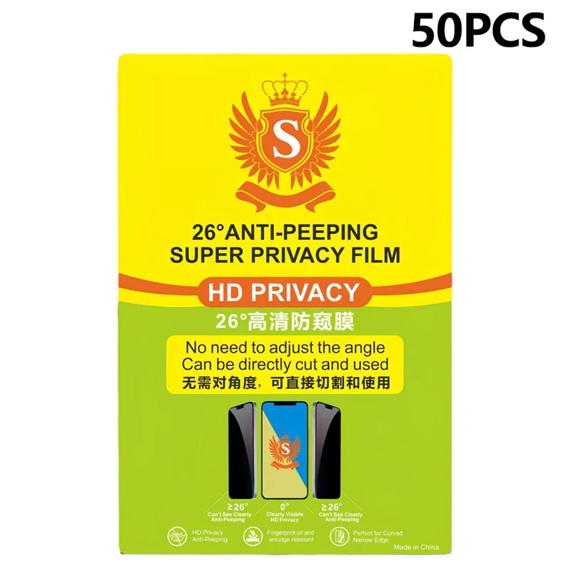 50 Pcs Privacy Screen Protector TPU HD Anti Spy Hydrogel Film Full Coverage Soft Film For Curved Screens