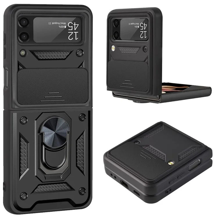 Para Samsung Galaxy Z Flip4 5G Funda de teléfono antidesgaste Protección de diapositiva de cámara PC + Anillo TPU Soporte Antiarañazos Funda protectora para teléfono - Negro
