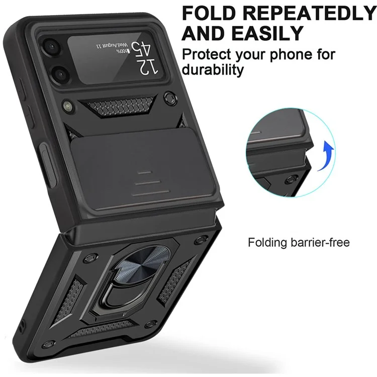 Para Samsung Galaxy Z Flip4 5G Funda de teléfono antidesgaste Protección de diapositiva de cámara PC + Anillo TPU Soporte Antiarañazos Funda protectora para teléfono - Negro