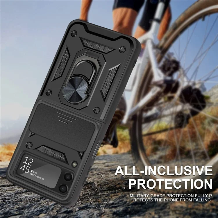 Para Samsung Galaxy Z Flip4 5G Funda de teléfono antidesgaste Protección de diapositiva de cámara PC + Anillo TPU Soporte Antiarañazos Funda protectora para teléfono - Negro
