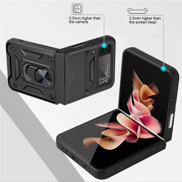 Para Samsung Galaxy Z Flip4 5G Funda de teléfono antidesgaste Protección de diapositiva de cámara PC + Anillo TPU Soporte Antiarañazos Funda protectora para teléfono - Negro