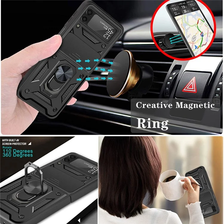 Para Samsung Galaxy Z Flip4 5G Funda de teléfono antidesgaste Protección de diapositiva de cámara PC + Anillo TPU Soporte Antiarañazos Funda protectora para teléfono - Negro