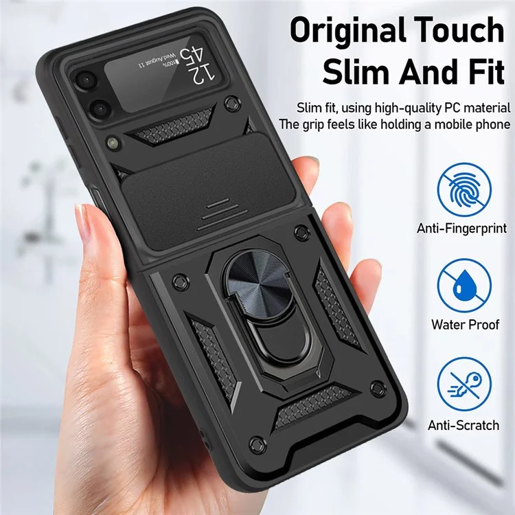 Para Samsung Galaxy Z Flip4 5G Funda de teléfono antidesgaste Protección de diapositiva de cámara PC + Anillo TPU Soporte Antiarañazos Funda protectora para teléfono - Negro