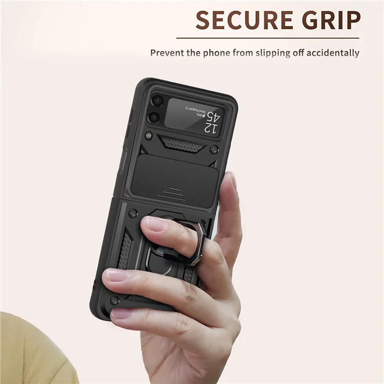 Para Samsung Galaxy Z Flip4 5G Funda de teléfono antidesgaste Protección de diapositiva de cámara PC + Anillo TPU Soporte Antiarañazos Funda protectora para teléfono - Negro