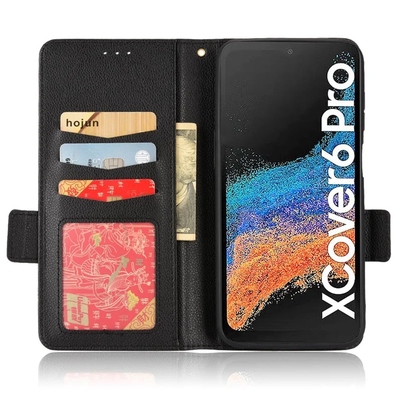 For Samsung Galaxy Xcover6 Pro 5G Anti-scratch Phone Flip Folio Case Litchi Texture Dual Magnetic Clasp PU Leather Phone Cover Wallet Stand - Black