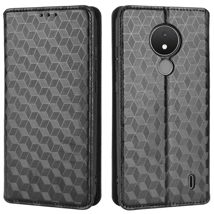 For Nokia C21 Anti-scratch Phone Cover Rhombus Pattern Imprinted Phone Leather Wallet Case Stand - Black