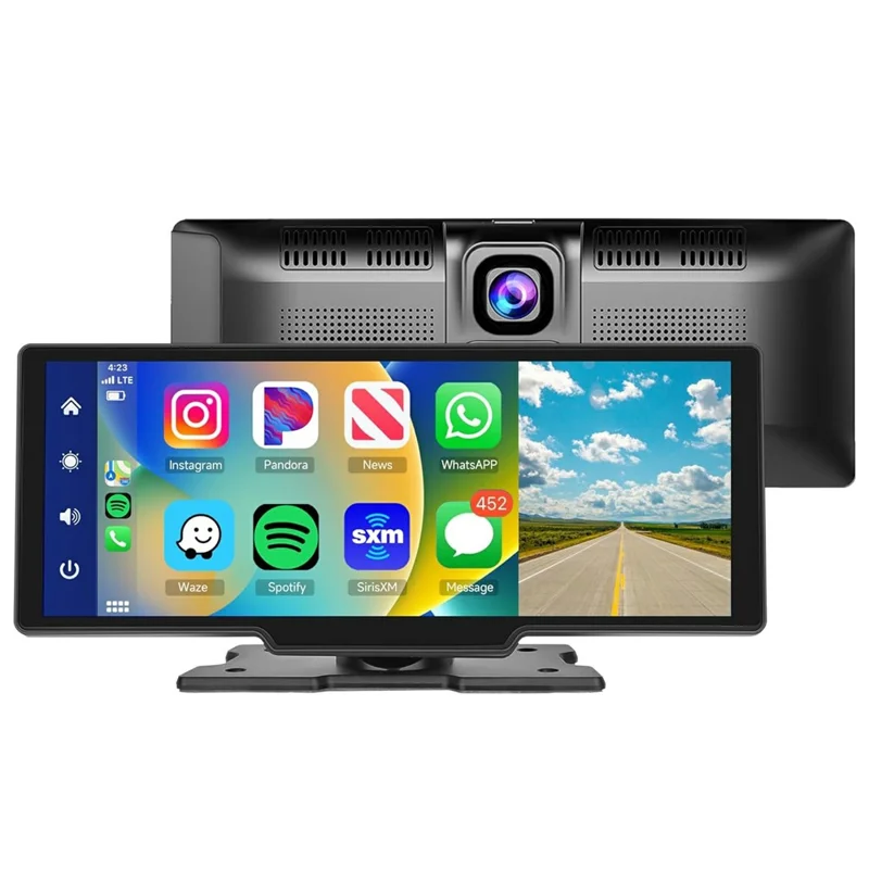 RH-W518 10.26 inch Portable Wireless CarPlay Display Built-in 4K Dash Cam and 1080P Backup Camera for Apple CarPlay  /  Android Auto
