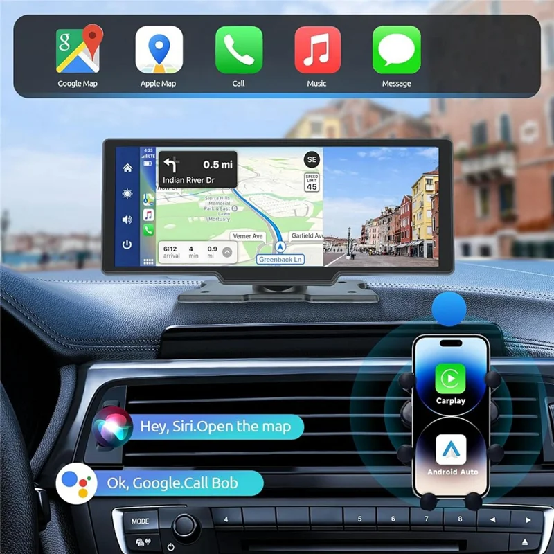 RH-W518 10.26 inch Portable Wireless CarPlay Display Built-in 4K Dash Cam and 1080P Backup Camera for Apple CarPlay  /  Android Auto