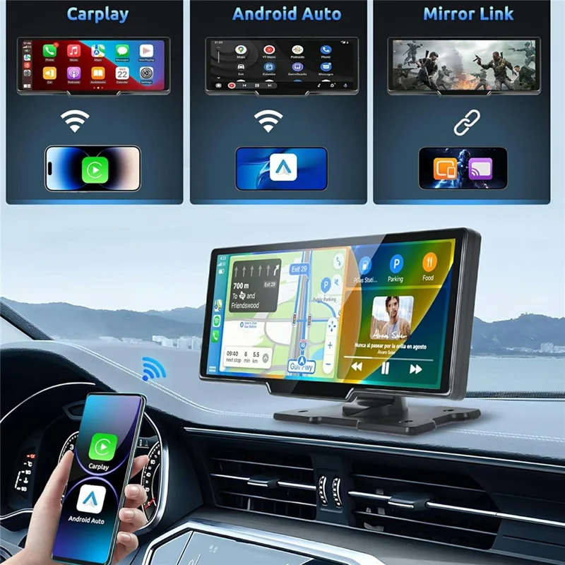 RH-W518 10.26 inch Portable Wireless CarPlay Display Built-in 4K Dash Cam and 1080P Backup Camera for Apple CarPlay  /  Android Auto