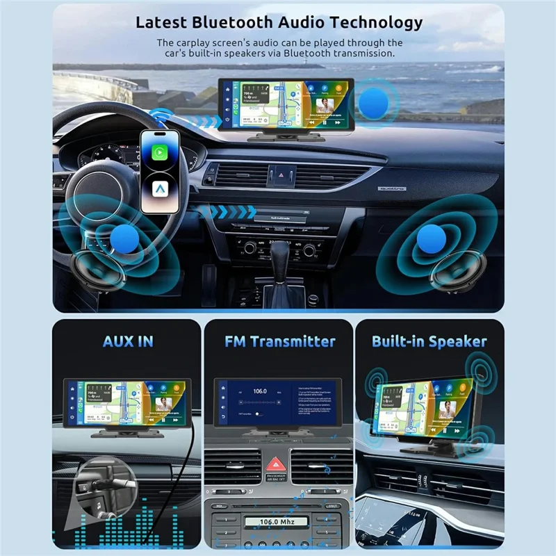 RH-W518 10.26 inch Portable Wireless CarPlay Display Built-in 4K Dash Cam and 1080P Backup Camera for Apple CarPlay  /  Android Auto