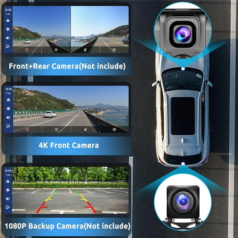 RH-W518 10.26 inch Portable Wireless CarPlay Display Built-in 4K Dash Cam and 1080P Backup Camera for Apple CarPlay  /  Android Auto