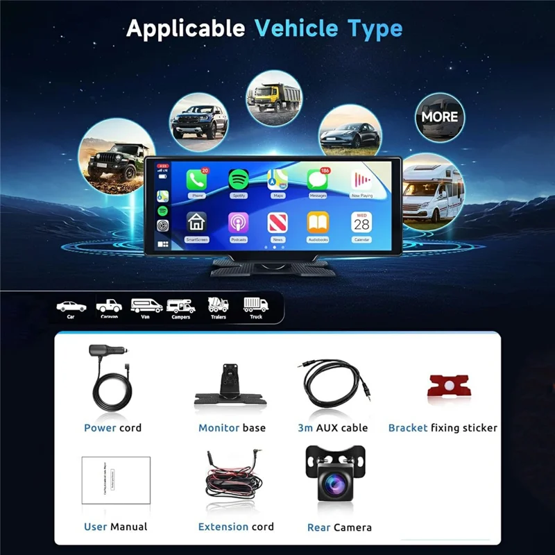 RH-W518 10.26 inch Portable Wireless CarPlay Display Built-in 4K Dash Cam and 1080P Backup Camera for Apple CarPlay  /  Android Auto