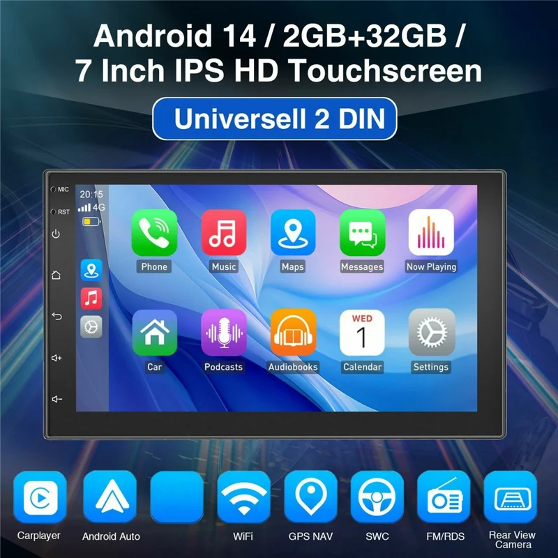 R913C 2+32GB 7 Inch 2 DIN Car Stereo Android 14 CarPlay 12-LED Rearview Camera HD IPS Screen GPS Navigator