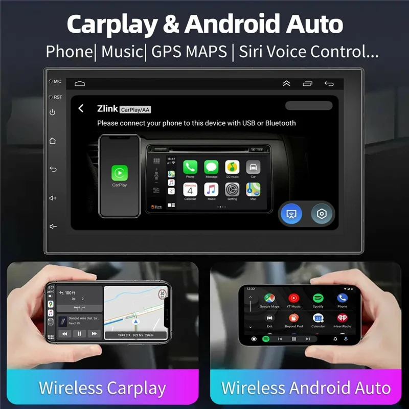 R913C 2+32GB 7 Inch 2 DIN Car Stereo Android 14 CarPlay 12-LED Rearview Camera HD IPS Screen GPS Navigator