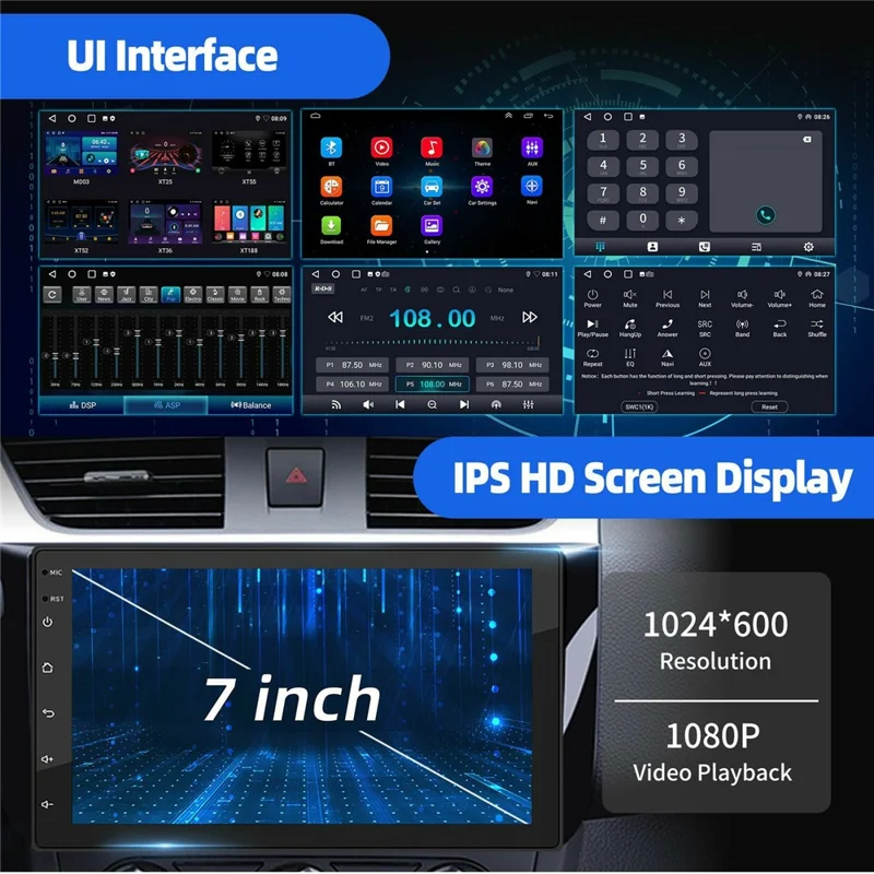 R913C 2+32GB 7 Inch 2 DIN Car Stereo Android 14 CarPlay 12-LED Rearview Camera HD IPS Screen GPS Navigator