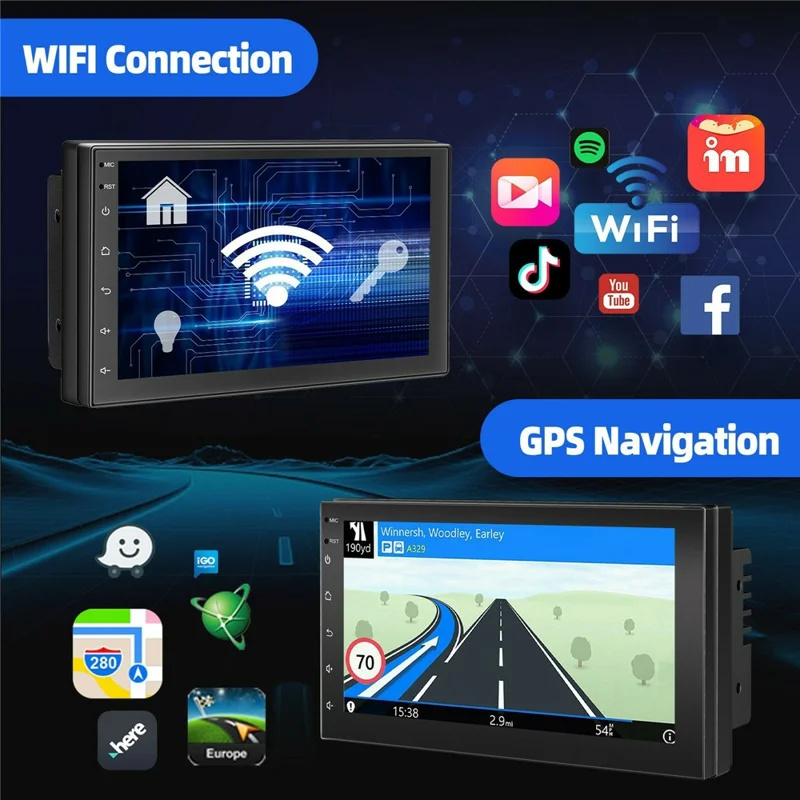 R913C 2+32GB 7 Inch 2 DIN Car Stereo Android 14 CarPlay 12-LED Rearview Camera HD IPS Screen GPS Navigator