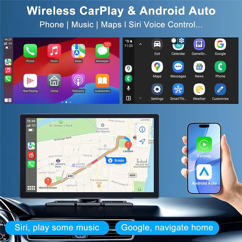 W525 9-Inch 2.5D IPS Touchscreen Car Stereo, Wireless CarPlay and Android Auto, with AHD Rearview Camera - Black