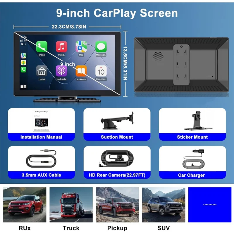 W525 9-Inch 2.5D IPS Touchscreen Car Stereo, Wireless CarPlay and Android Auto, with AHD Rearview Camera - Black