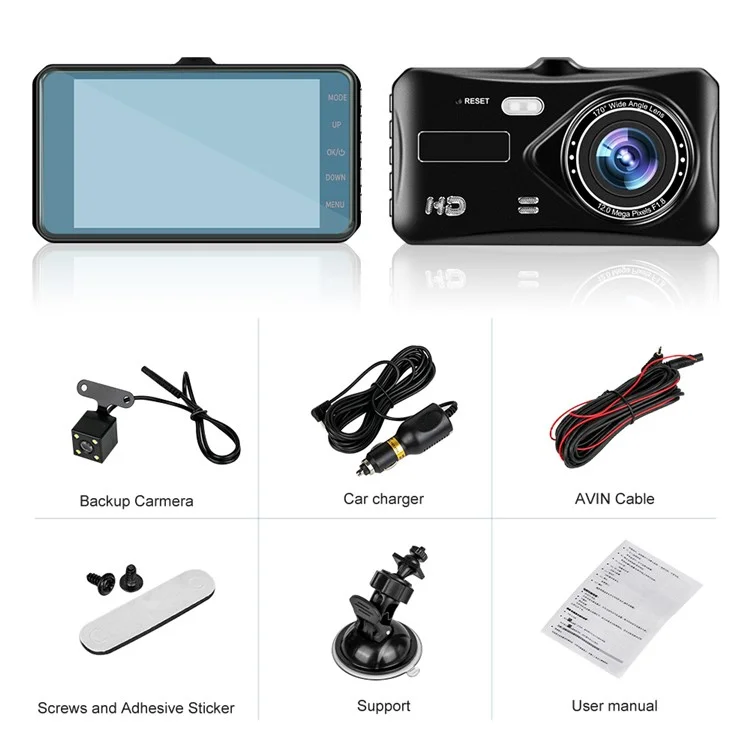 4 inch Car DVR 1080P HD Parking Monitoring Loop Recording Night Vision Dash Cam Front Rear Dual Camera Car Driving Recorder