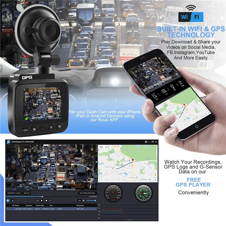 V53 4K UHD 2160P Cámara de Estacionamiento de Automóvil WiFi GPS Pastrón de Control de la Cámara Registradora de 170 Grados Diseño de Sensor g de Visión de Ancho Para Azdome GS63H