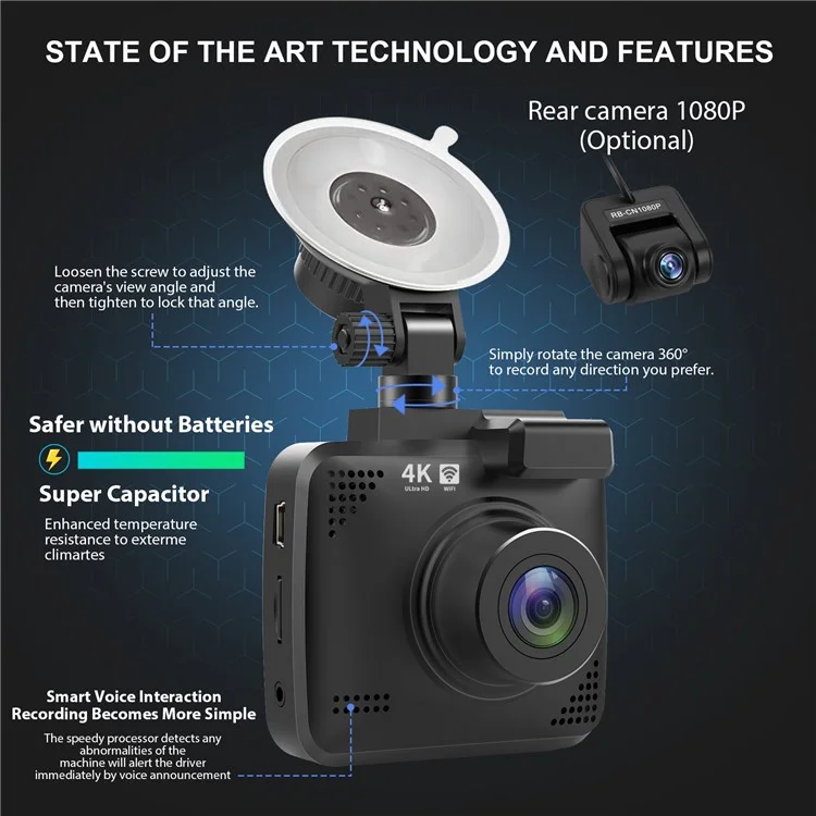 Cámara de Salpicadero V53 4K Delantera y Trasera, Cámaras Duales de Salpicadero para Grabador AZDOME GS63H, Full HD 170° Ángulo Amplio WiFi GPS Cámara de Respaldo Compatible con Tarjeta TF de 128G 