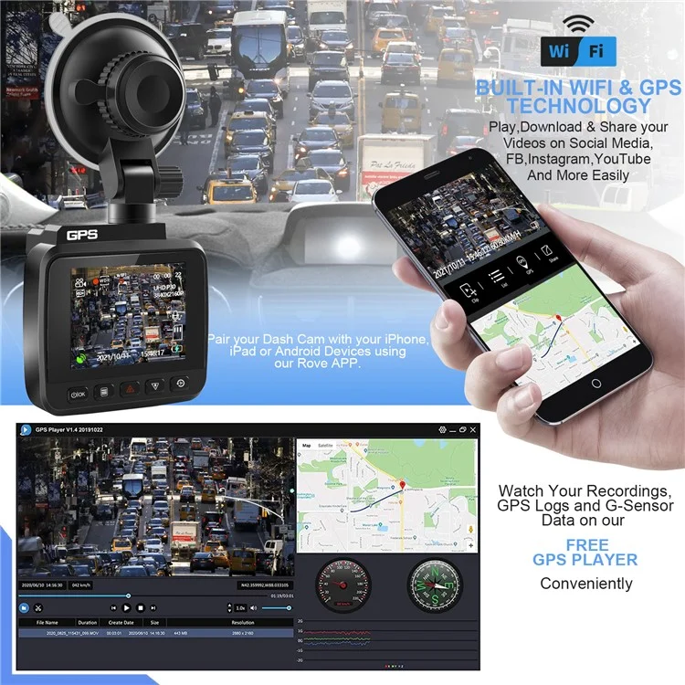 Cámara de Salpicadero V53 4K Delantera y Trasera, Cámaras Duales de Salpicadero para Grabador AZDOME GS63H, Full HD 170° Ángulo Amplio WiFi GPS Cámara de Respaldo Compatible con Tarjeta TF de 128G 