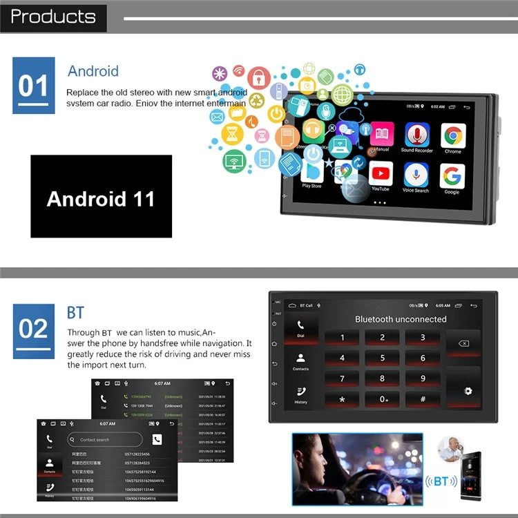 R-730 7 inch Android 11 Car Stereo with 1G+16GB GPS Navigation Touchscreen FM Radio with Dual USB Input