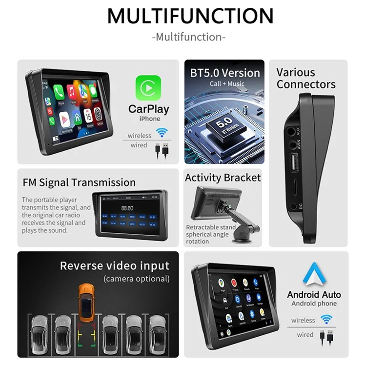 Lecteur de voiture portable avec écran tactile HD de 7,0 pouces W505E et télécommande à double fréquence 2,4 GHz / 5 GHz FM