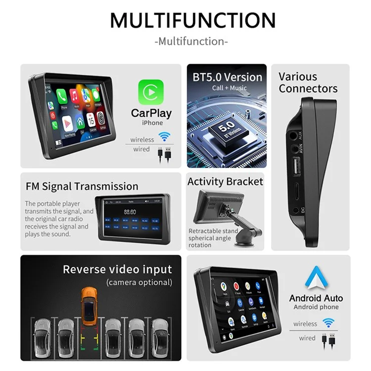 W505G 7-inch Car Bluetooth-compatible HD Video MP5 Player Wireless CarPlay Reverse Image Display with 8 LED Camera