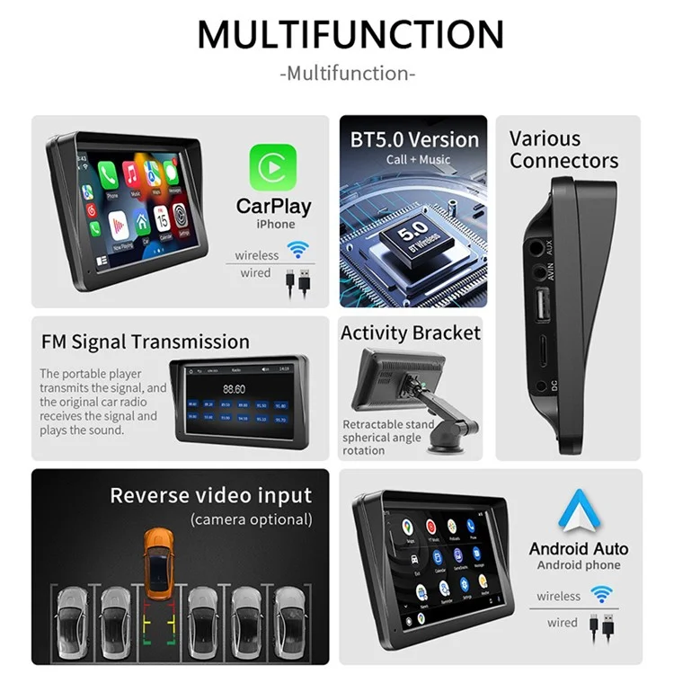 W505H 7 Polegadas Bluetooth Car MP5 Player FM Rádio Sem Fio CarPlay Reverse Exiba Com 12 Câmera LED