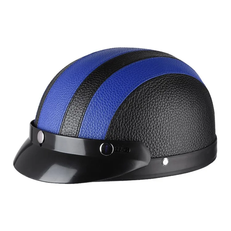 BSDDP Motorcycle Helmet with Neck Protection Scarf Men Women PU Leather + ABS Half Helmet - Black+Blue Leather