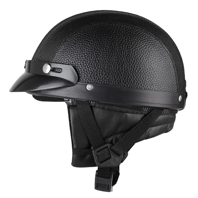 BSDDP Motorcycle Helmet with Neck Protection Scarf Men Women PU Leather + ABS Half Helmet - Black+Blue Leather